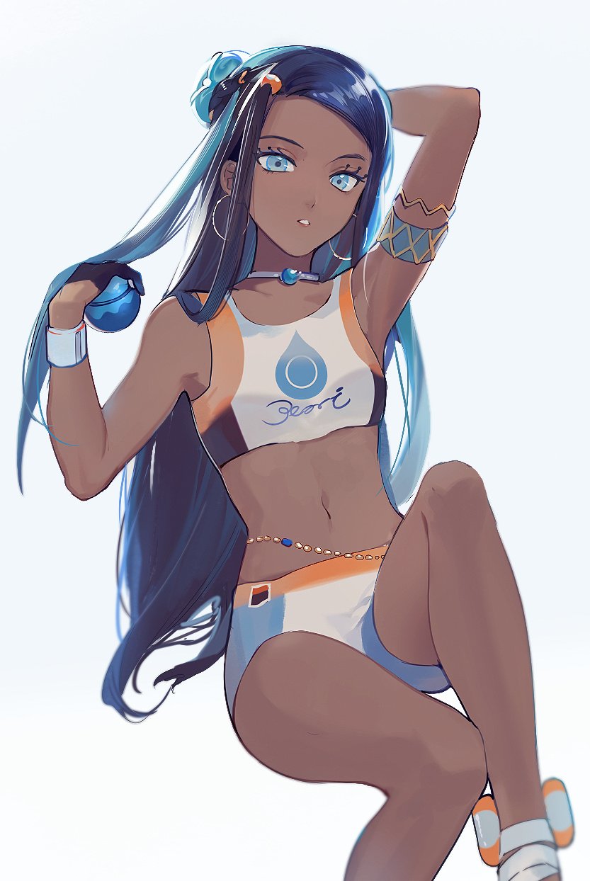 1girl, arashiko_falcom, arm_up, armband, armlet, armpits, belly_chain, bikini, black_gloves, blue_eyes, blue_gem, blue_hair, breasts, commentary, dark-skinned_female, dark_skin, dive_ball, dynamax_band, earrings, expressionless, eyelashes, feet_out_of_frame, gem, gloves, grey_background, hair_bobbles, hair_bun, hair_ornament, half_gloves, hand_in_own_hair, hand_on_own_head, highres, holding, holding_poke_ball, hoop_earrings, jewelry, light_blue_hair, long_hair, looking_at_viewer, multicolored_hair, navel, nessa_(pokemon), nintendo, parted_lips, poke_ball, pokemon, pokemon_sword_and_shield, sidelocks, simple_background, single_glove, single_hair_bun, single_half_glove, sitting, small_breasts, solo, stomach, swimsuit, tankini, two-tone_hair