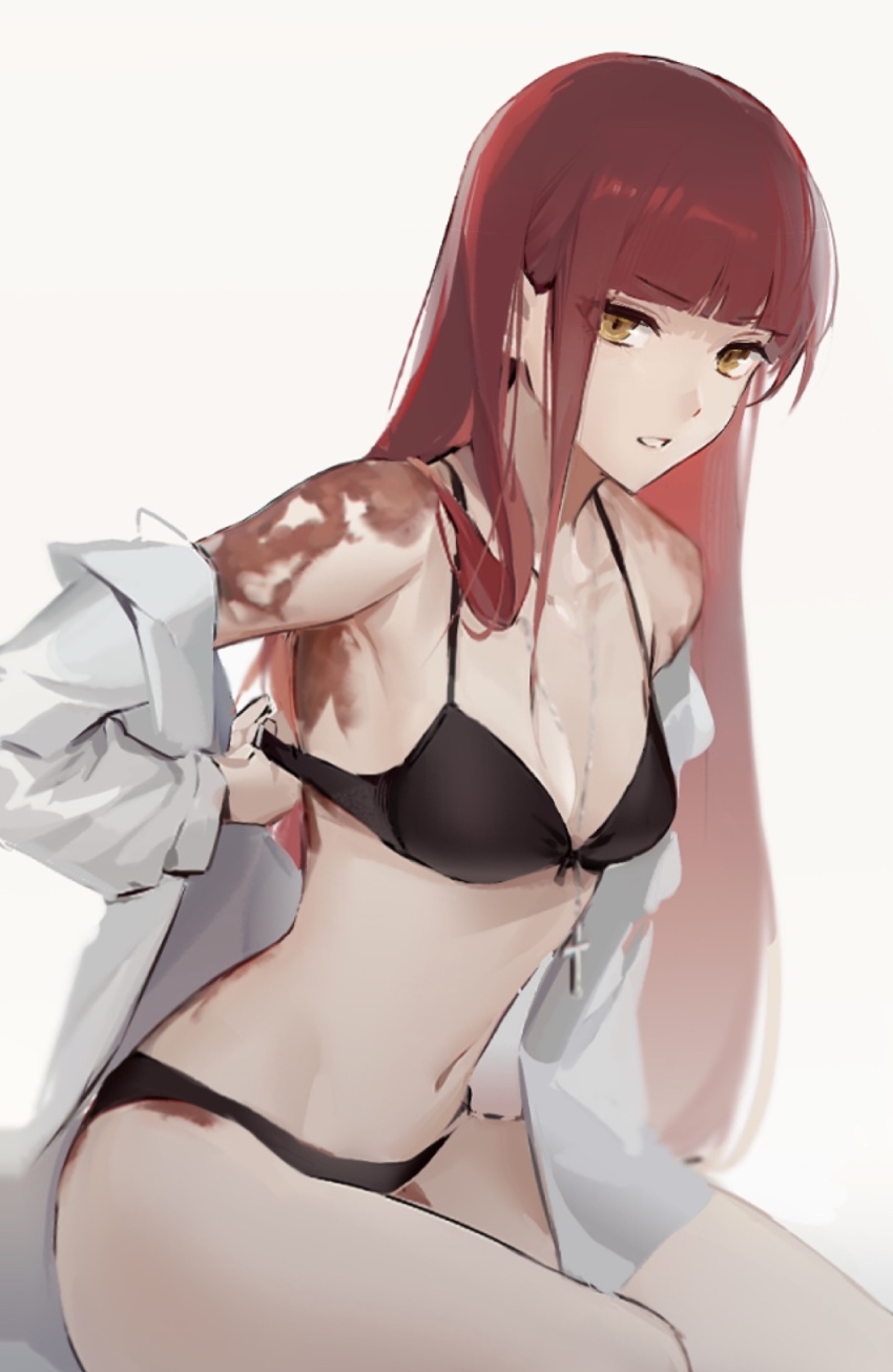 1girl, arashiko_falcom, black_bra, black_panties, blunt_bangs, bra, breasts, cleavage, commentary, cowboy_shot, cross, cross_necklace, dress_shirt, fata_morgana_no_yakata, highres, jewelry, long_hair, looking_at_viewer, medium_breasts, morgana_(fata_morgana_no_yakata), navel, necklace, off_shoulder, open_bra, open_clothes, open_shirt, panties, parted_lips, red_hair, scar, scar_on_arm, scowl, shirt, simple_background, sitting, solo, straight_hair, underwear, undressing, white_background, white_shirt, yellow_eyes