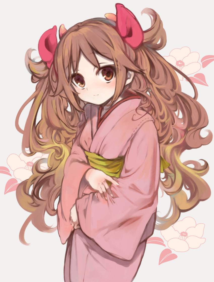 1girl, brown_eyes, brown_hair, closed_mouth, commentary_request, cowboy_shot, floral_background, hair_ribbon