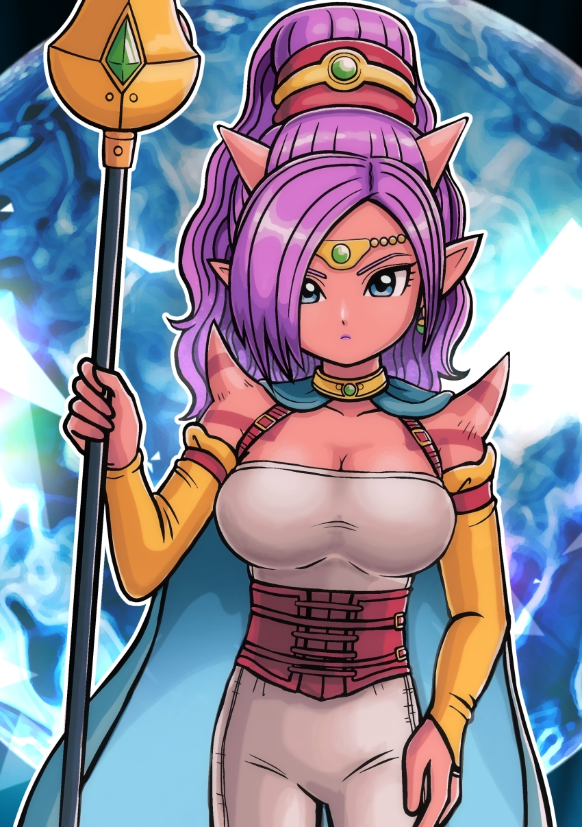 1girl, absurdres, aqua_cape, blue_eyes, breasts, bridal_gauntlets, cape, circlet, cleavage, colored_skin, commentary_request, cowboy_shot, dragon_quest, dragon_quest_x, earrings, gold_choker, gold_circlet, hand_on_own_hip, highres, holding, holding_staff, horns, jewelry, large_breasts, looking_at_viewer, luchenda_(dq10), moyapippi, ogre_(dq10), pointy_ears, ponytail, purple_hair, purple_lips, red_skin, shoulder_spikes, solo, sphere_earrings, spikes, staff, yellow_bridal_gauntlets