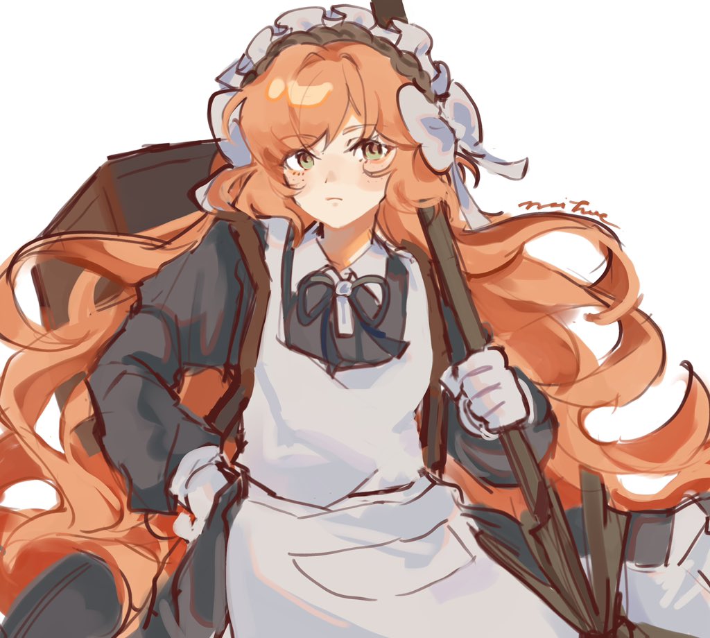 1girl, apron, black_dress, black_ribbon, bow, broom, cowboy_shot, dress