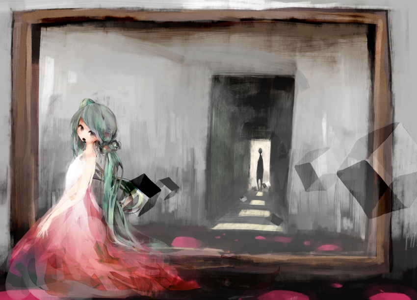 1girl, bad_id, bad_pixiv_id, dress, hatsune_miku, head_tilt, highres, long_hair