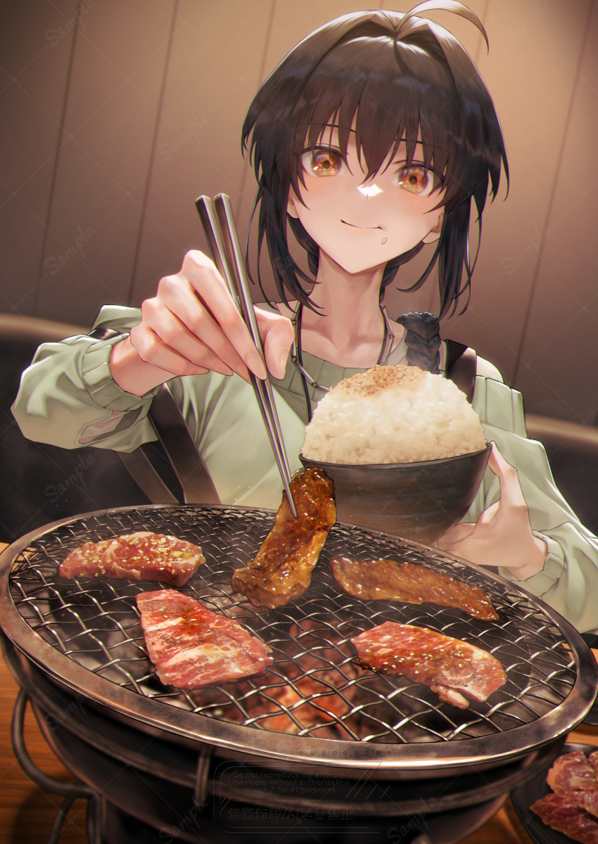 1other, ahoge, androgynous, black_hair, blush, bowl, braid, chewing, chopsticks, collarbone, commentary, cooking, eating, fate/samurai_remnant, fate_(series), food, food_on_face, good_meat_day, grilling, hair_between_eyes, hair_intakes, highres, holding, holding_bowl, holding_chopsticks, jewelry, long_hair, looking_at_viewer, mugetsu2501, necklace, orange_eyes, other_focus, rice, rice_bowl, sidelocks, single_braid, smile, solo, table, watermark, wooden_table, yamato_takeru_(fate), yamato_takeru_(satellite_station_24-25)_(fate)