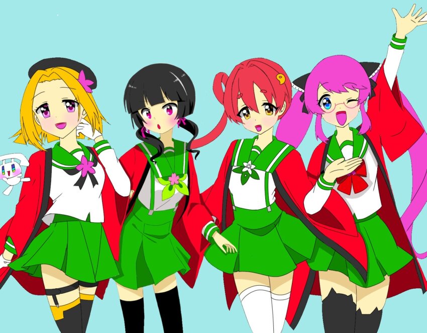 4girls, akiba-tan, black_hair, black_socks, blonde_hair, green_skirt, ikenishi-tan, multiple_girls