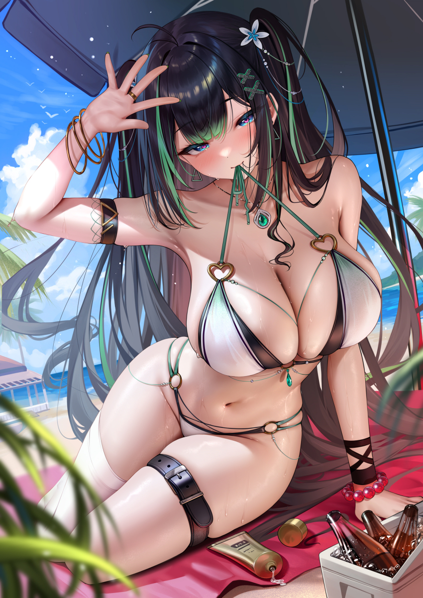 absurdres, ahoge, another_project, arm_strap, arm_up, armpits, bare_shoulders, beach, beach_umbrella, bikini, black_hair, blue_eyes, blush, bottle, bracelet, breasts, cleavage, earrings, green_hair, hair_ornament, highres, jewelry, large_breasts, long_hair, looking_at_viewer, meion, mouth_hold, multicolored_hair, navel, necklace, niki_(vtuber), o-ring, o-ring_bikini, ocean, outdoors, ring, single_thighhigh, smile, swimsuit, thigh_strap, thighhighs, two_side_up, umbrella, very_long_hair, virtual_youtuber, wet, white_thighhighs