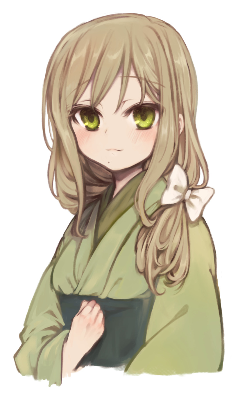 1girl, atsumi_ryou, bow, brown_hair, closed_mouth, clutching_chest, commentary_request, cropped_torso