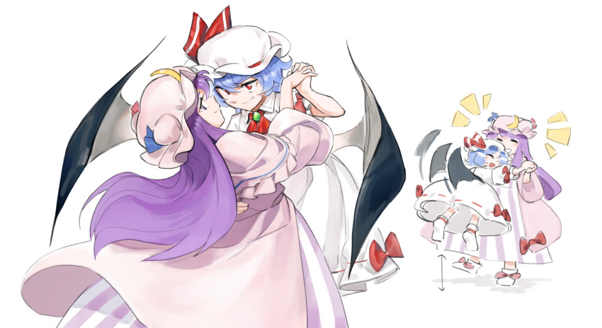 2girls, ascot, bat_wings, blue_hair, blush, bow, commentary, crescent, crescent_hat_ornament, crescent_pin, crt599, dancing, dress, english_commentary, hair_ornament, hat, hat_ornament, hat_ribbon, height_difference, highres, holding_hands, laughing, long_hair, mob_cap, multiple_girls, open_mouth, patchouli_knowledge, puffy_sleeves, purple_eyes, purple_hair, red_ascot, red_eyes, remilia_scarlet, ribbon, short_hair, short_sleeves, smile, striped_clothes, striped_dress, touhou, vertical-striped_clothes, vertical-striped_dress, white_background, wings, wrist_cuffs, yuri