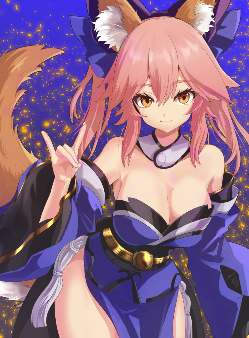 1girl, animal_ears, bare_shoulders, black_sash, blue_background, blue_kimono, blue_ribbon, blue_sleeves