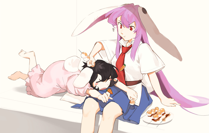 2girls, animal_ears, barefoot, black_hair, blue_skirt, blush, carrot, carrot_necklace