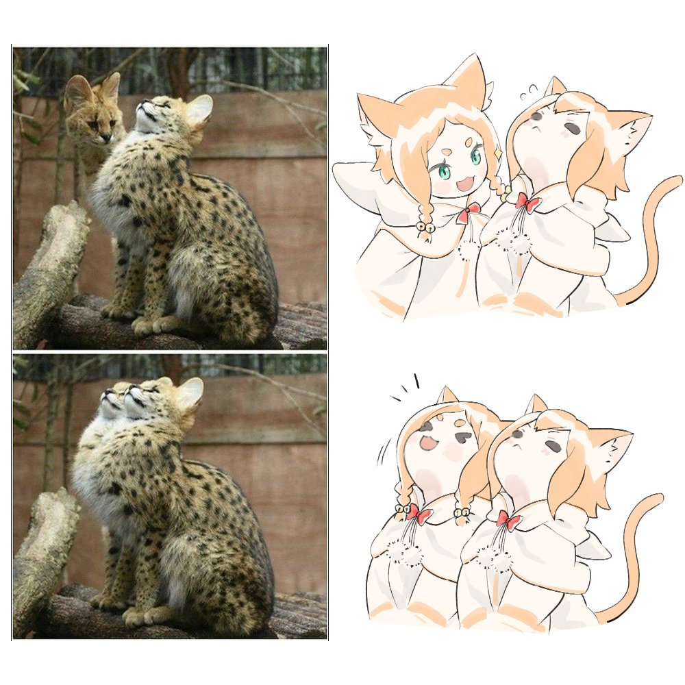 >_<, 2girls, :<, :3, animal_ear_fluff, animal_ears, bell, bow, bowtie, capelet, cat_ears, commentary, dangdidangdi, green_eyes, hashtag-only_commentary, hood, hood_down, jingle_bell, looking_up, mimi_pearlbaton, multiple_girls, orange_hair, photo-referenced, puffy_cheeks, re:zero_kara_hajimeru_isekai_seikatsu, red_bow, red_bowtie, reference_inset, upper_body