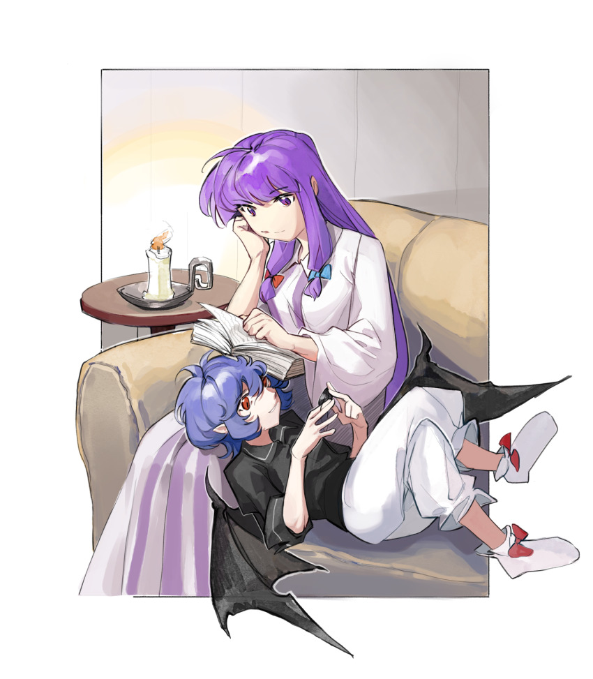 2girls, alternate_costume, bat_wings, black_shirt, blue_hair, book, bow, candle