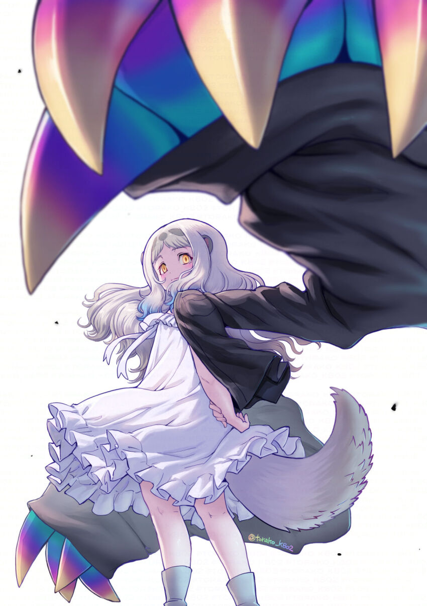 1girl, animal_ears, back, black_jacket, boots, claws, dress, extra_ears, frills, grey_hair, highres, jacket, kemono_friends, kosai_takayuki, long_hair, looking_at_viewer, looking_back, megatherium_(kemono_friends), ribbon, simple_background, solo, tail, white_dress, yellow_eyes