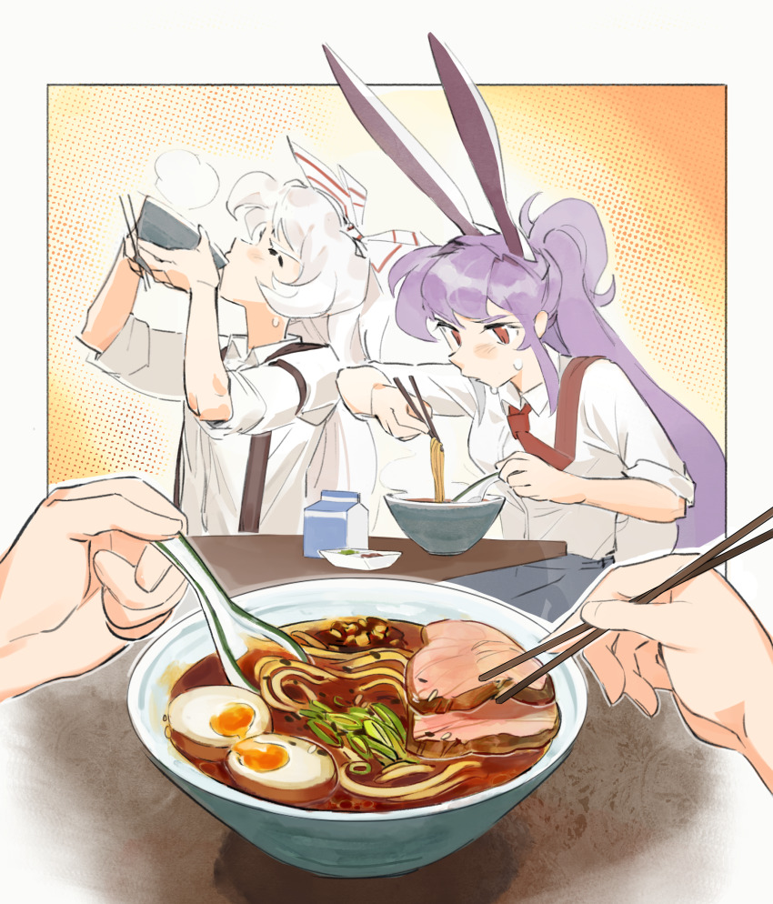 2girls, animal_ears, blush, bow, bowl, char_siu, chopped_spring_onion, chopsticks