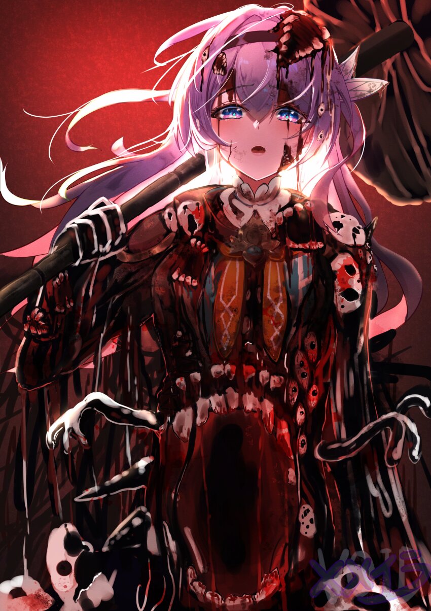 1girl, absurdres, black_gloves, blood, blood_in_hair, blood_on_clothes, blood_on_face, blue_eyes