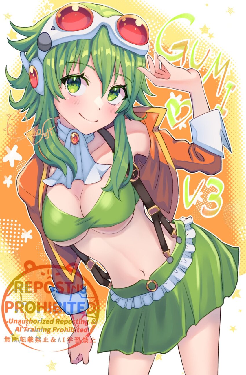 1girl, bra, breasts, character_name, cleavage, goggles, goggles_on_head, green_bra