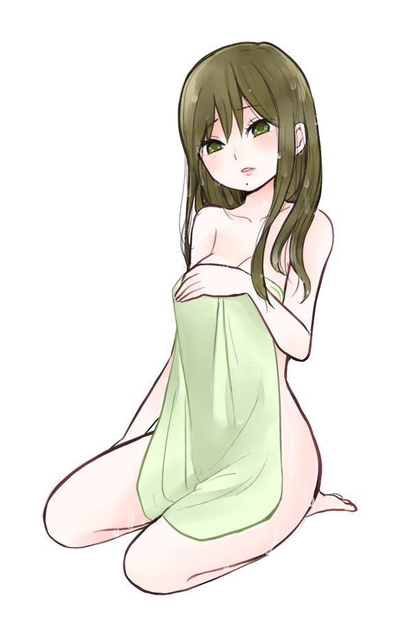 1girl, atsumi_ryou, barefoot, breasts, brown_hair, cleavage, collarbone, covering_breasts, covering_privates, full_body, green_eyes, long_hair, medium_breasts, mole, mole_under_mouth, nude_cover, parted_lips, sana_(memechi), second-party_source, seiza, sitting, solo, taishou_otome_otogibanashi, towel