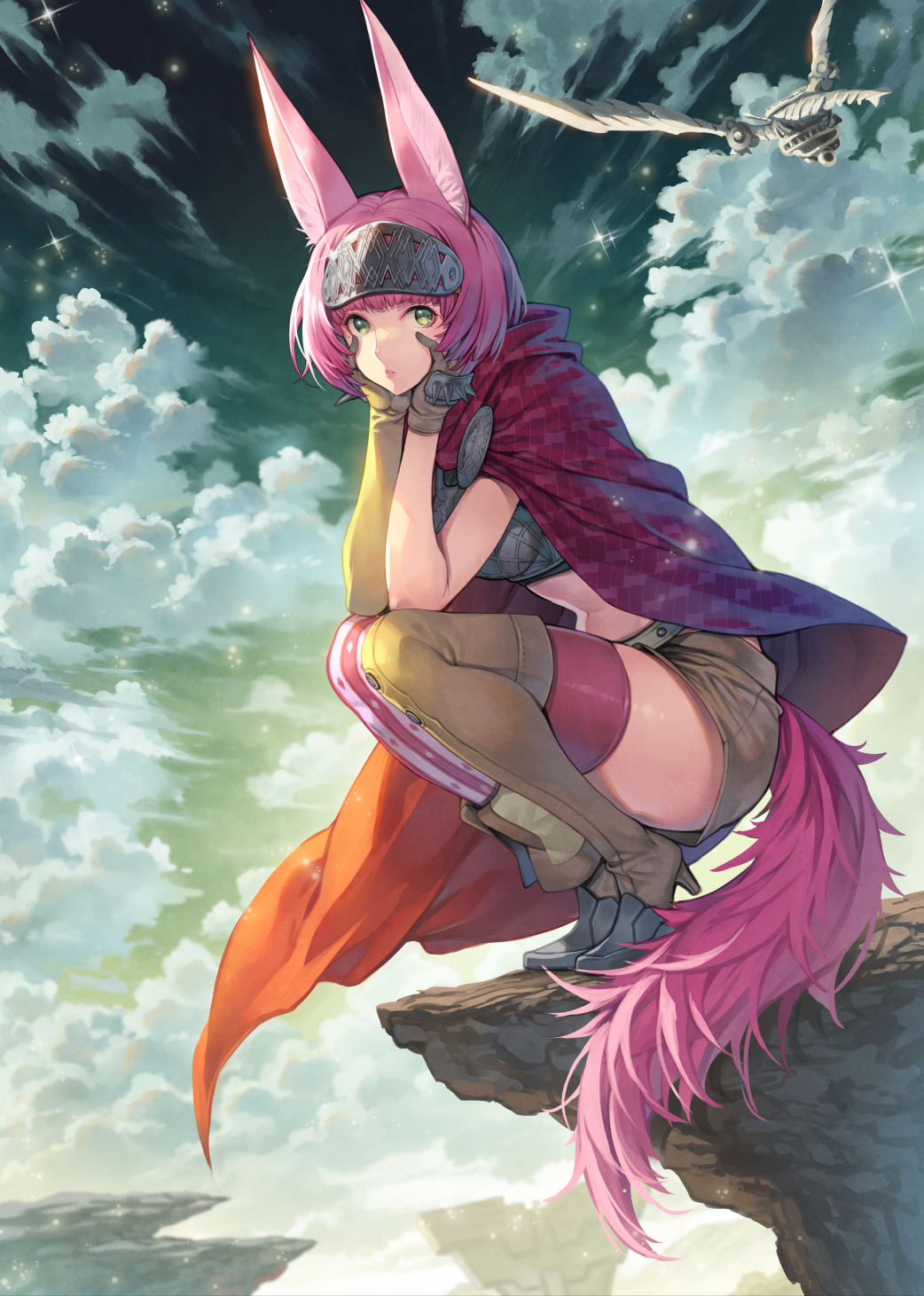 1girl, animal_ears, armor, asymmetrical_gloves, boots, brown_boots, brown_gloves, brown_shorts, cape, catherina_(metaphor:_refantazio), cliff, cloud, commentary_request, flying, gloves, green_eyes, hagure_keg, hairband, hands_on_own_cheeks, hands_on_own_face, high_heels, highres, metal_hairband, metaphor:_refantazio, navel, pink_hair, pink_tail, pink_thighhighs, red_cape, shorts, sky, solo, squatting, stomach, tail, thigh_boots, thighhighs, thighhighs_under_boots, tiptoes, very_long_ears