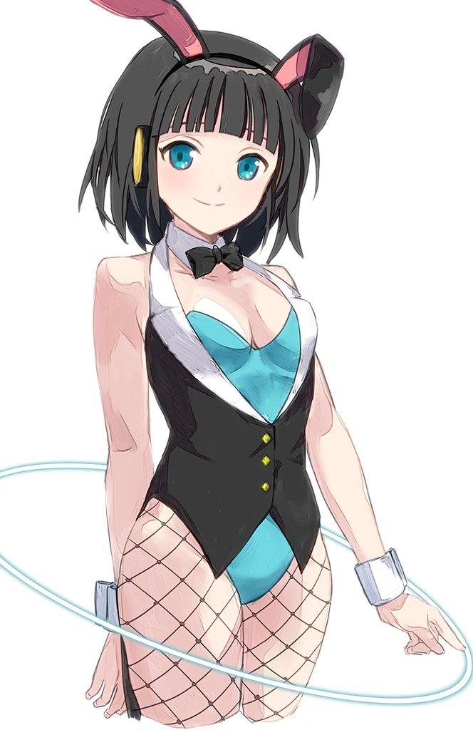 1girl, black_hair, green_leotard, leotard, ouji_shigure, playboy_bunny, station_memories