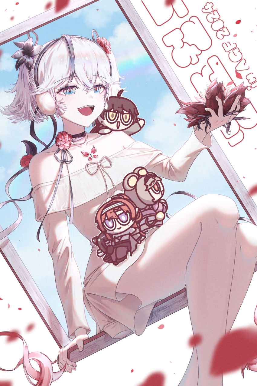 1boy, 3girls, :d, absurdres, bare_legs, black_choker, black_flower, blake_bloom_(wuthering_waves)