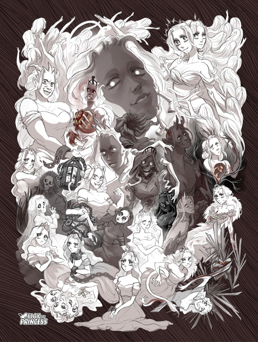 6+girls, abby_howard, breasts, cage, cat_tail, cleavage, cuffs, cuts, demon_girl, dress, everyone, evil_smile, extra_arms, extra_faces, ghost, giant, giantess, glowing, glowing_eyes, greyscale, happily_ever_after_(slay_the_princess), heart_(organ), highres, horns, injury, knife, monochrome, monster_girl, multiple_girls, multiple_persona, muscular, muscular_female, official_art, princess_(slay_the_princess), ribs, scar, scar_on_chest, severed_head, shackles, skeletal_face, slay_the_princess, smile, tail, the_adversary_(slay_the_princess), the_beast_(slay_the_princess), the_cage_(slay_the_princess), the_damsel_(slay_the_princess), the_eye_of_the_needle_(slay_the_princess), the_fury_(slay_the_princess), the_grey_(slay_the_princess), the_moment_of_clarity_(slay_the_princess), the_nightmare_(slay_the_princess), the_princess_and_the_dragon_(slay_the_princess), the_prisoner_(slay_the_princess), the_razor_(slay_the_princess), the_shifting_mound_(slay_the_princess), the_spectre_(slay_the_princess), the_stranger_(slay_the_princess), the_thorn_(slay_the_princess), the_tower_(slay_the_princess), the_wild_(slay_the_princess), the_witch_(slay_the_princess), the_wraith_(slay_the_princess), thorns, tiara, undead, wedding_dress