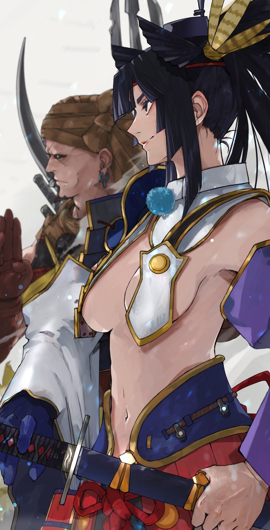 1boy, 1girl, armor, armpits, asymmetrical_sleeves, bare_shoulders, black_eyes, black_hair