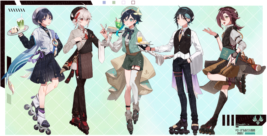 5boys, absurdres, adapted_costume, almond_tofu_(food_fantasy), alternate_costume, anemo_symbol_(genshin_impact), aqua_gem, aqua_hair