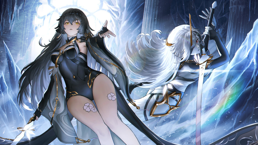 2girls, absurdres, aether_gazer, angelo_(angeloart26), bare_legs, black_hair, black_leotard, breasts, character_request, check_character, closed_eyes, colored_skin, commentary, covered_navel, dual_persona, flower_tattoo, hair_over_one_eye, highres, holding, holding_sword, holding_weapon, ice, izanami_(aether_gazer), legs, leotard, long_hair, md5_mismatch, medium_breasts, multiple_girls, parted_lips, reaching, reaching_towards_viewer, revision, sword, tattoo, very_long_hair, weapon, white_hair, white_skin, wide_sleeves, yellow_eyes