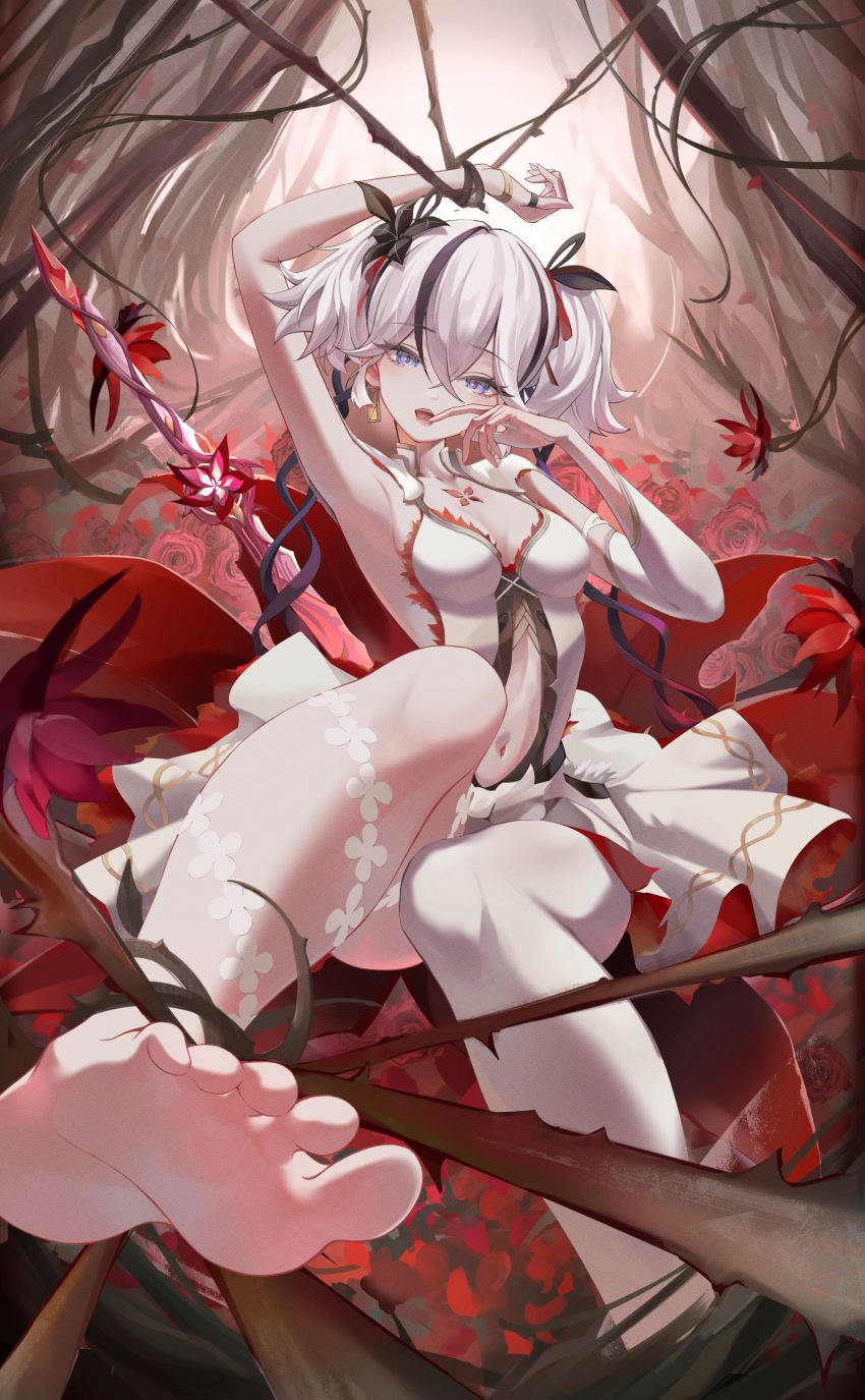 1girl, absurdres, arm_up, armpits, asymmetrical_clothes, barefoot, black_flower, blake_bloom_(wuthering_waves)