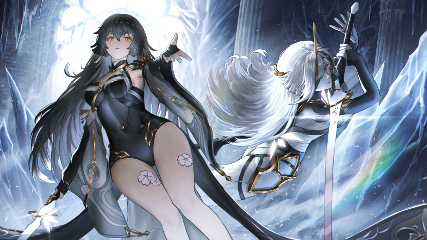 2girls, absurdres, aether_gazer, angelo_(angeloart26), bare_legs, black_hair, black_leotard, breasts