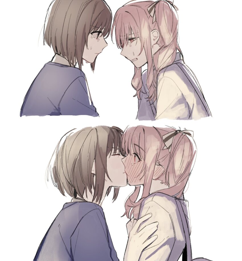 2girls, akiyama_mizuki, backpack, bag, blue_jacket, blush, brown_hair, cardigan