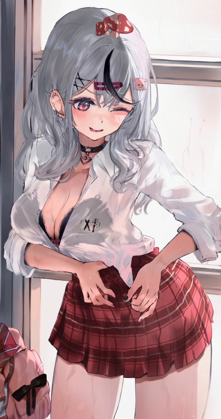 1girl, adjusting_skirt, awaken_fuuta, black_bra, black_choker, black_hair, black_nails, blush