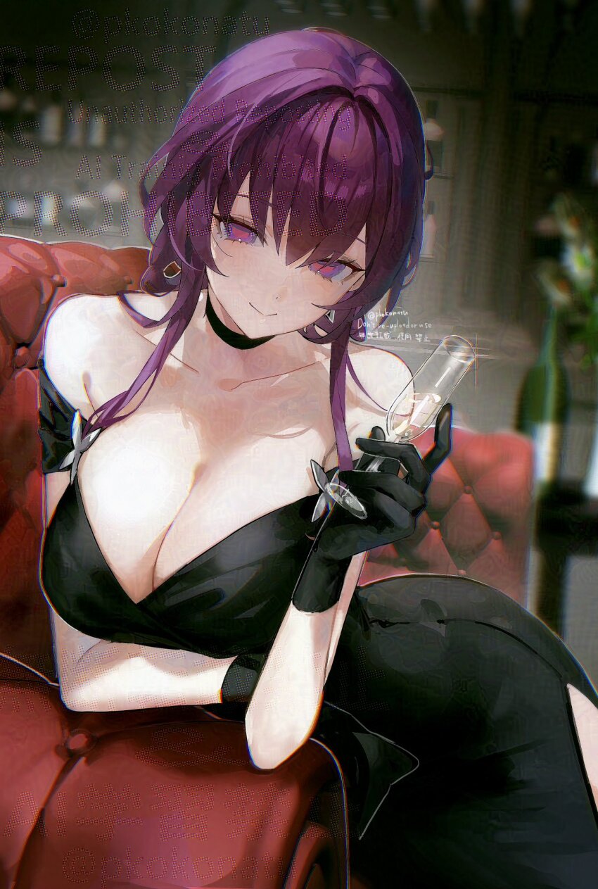 1girl, adversarial_noise, alcohol, alternate_costume, arm_under_breasts, bare_shoulders, black_choker, black_dress