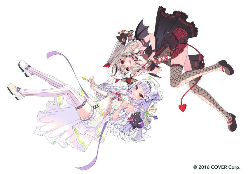 2girls, :d, angel_wings, arched_bangs, arm_belt, arm_garter, black_corset, black_footwear