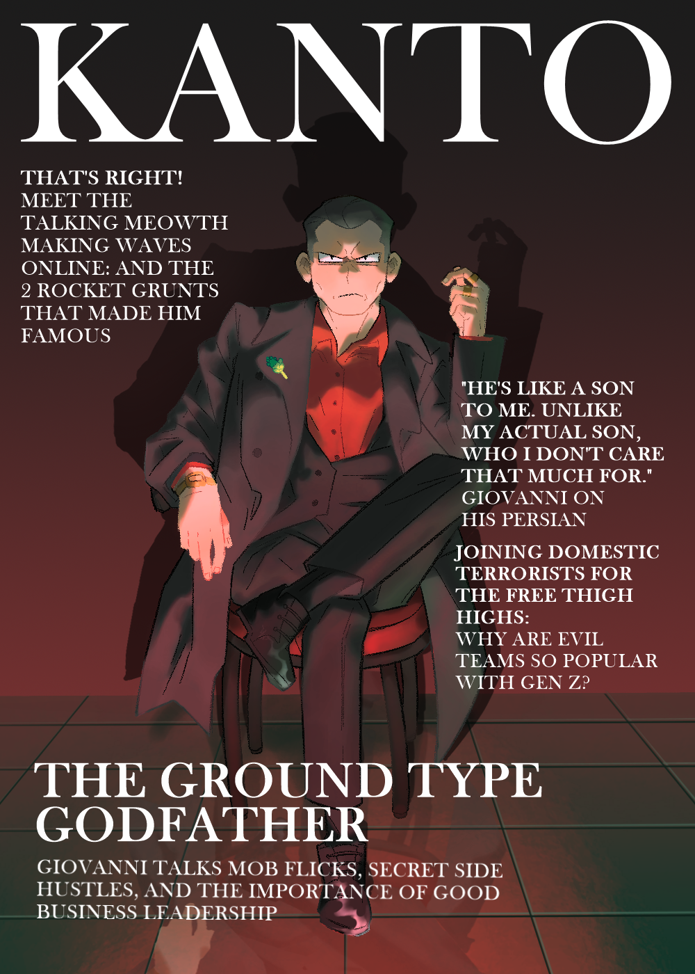 1boy, black_footwear, black_suit, buzz_cut, chair, character_name, crossed_legs, earth_badge