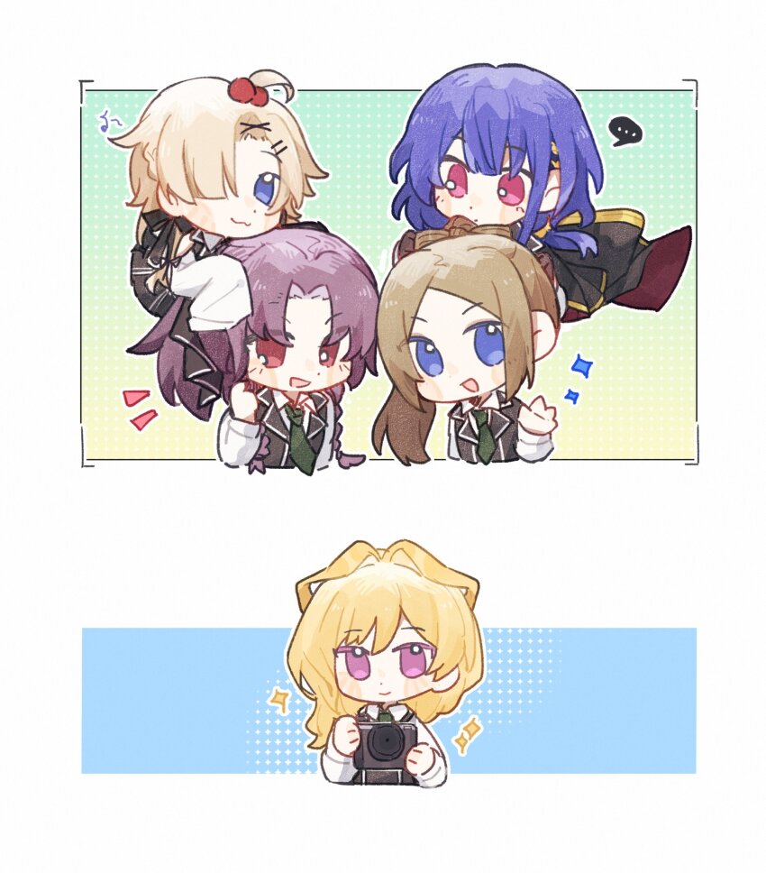 ..., 5girls, :d, arm_at_side, assault_lily, bangs_pinned_back, black_bow, black_cape