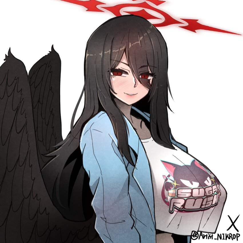 1girl, airi_(band)_(blue_archive), airi_(band)_(blue_archive)_(cosplay), airi_(blue_archive), airi_(blue_archive)_(cosplay), black_hair, black_wings, blue_archive