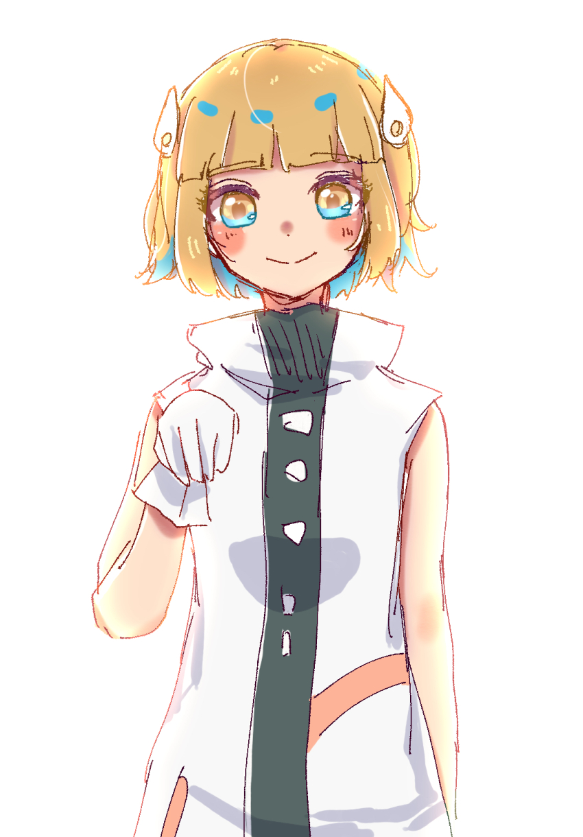 1girl, arm_at_side, blonde_hair, blue_eyes, blue_hair, colored_inner_hair, dress, gloves, hair_ornament, hairclip, haze_haseru_haterumade_(zutomayo), highres, looking_at_viewer, multicolored_eyes, multicolored_hair, nira-chan, nira-chan_(haze_haseru_haterumade)_(zutomayo), ri, smile, two-tone_eyes, two-tone_hair, white_background, white_dress, white_gloves, yellow_eyes, zutto_mayonaka_de_ii_no_ni