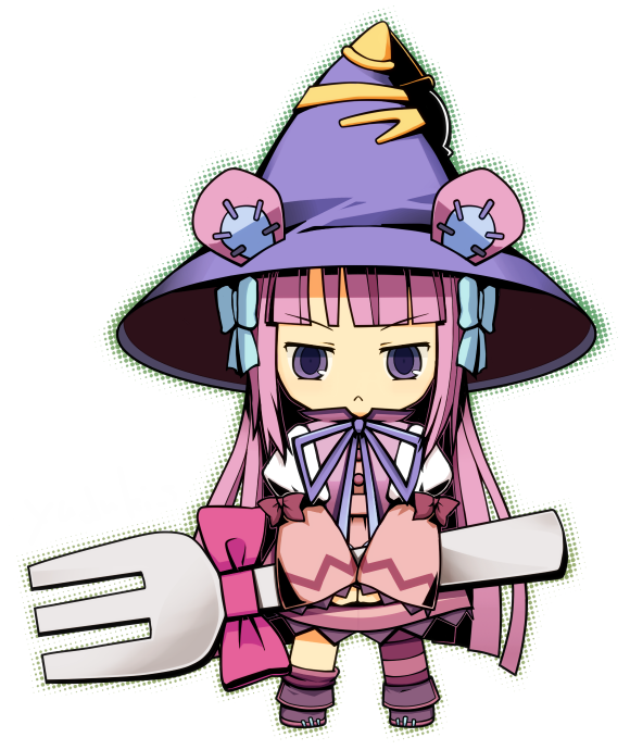1girl, :<, animal_ears, bear_ears, bow, ca-elum, dumpty_alma, emil_chronicle_online, fork, full_body, hat, holding, holding_fork, long_hair, no_nose, pink_bow, purple_eyes, purple_footwear, purple_hair, purple_ribbon, ribbon, simple_background, single_leg_pantyhose, sleeves_past_wrists, solo, white_background, witch_hat