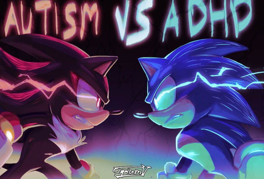 2boys, adhd_vs_autism_(meme), animal_ears, artist_name, black_fur, blue_fur, copium_v, english_text, furry, furry_male, highres, meme, multiple_boys, red_fur, shadow_the_hedgehog, sonic_(live_action), sonic_(series), sonic_the_hedgehog, sonic_the_hedgehog_3_(movie), two-tone_fur