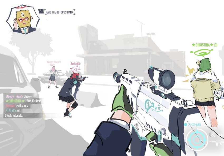 >_<, 5girls, ^_^, ahoge, aiming, armband, ayane_(blue_archive), balaclava, black_footwear, black_skirt, blue_archive, blue_armband, blue_jacket, brown_cardigan, building, car, cardigan, chat_log, closed_eyes, commentary_request, english_text, female_pov, foreclosure_task_force_(blue_archive), gameplay_mechanics, glasses, gloves, green_gloves, green_halo, gun, halo, highres, holding, holding_gun, holding_weapon, hoshino_(blue_archive), huge_ahoge, jacket, knee_pads, korean_text, long_hair, long_sleeves, marchhed, miniskirt, mixed-language_text, motor_vehicle, multiple_girls, nonomi_(blue_archive), open_mouth, payday_(series), payday_2, pink_halo, plaid_clothes, plaid_skirt, pleated_skirt, pov, pov_hands, red-framed_eyewear, red_halo, robbery, serika_(blue_archive), shiroko_(blue_archive), shirt, shoes, skirt, sneakers, translation_request, twitter_username, viewer_holding_weapon, watermark, wavy_mouth, weapon, white_shirt