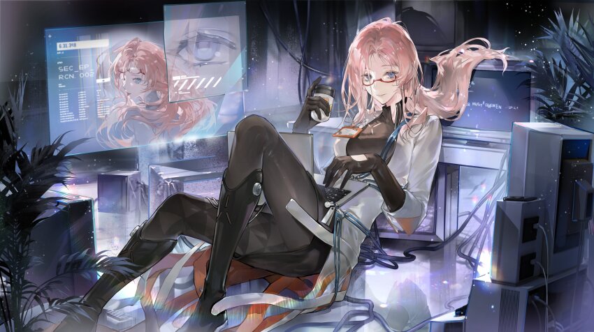 1girl, absurdres, artist_request, black_dress, black_footwear, black_gloves, black_pantyhose, black_skirt