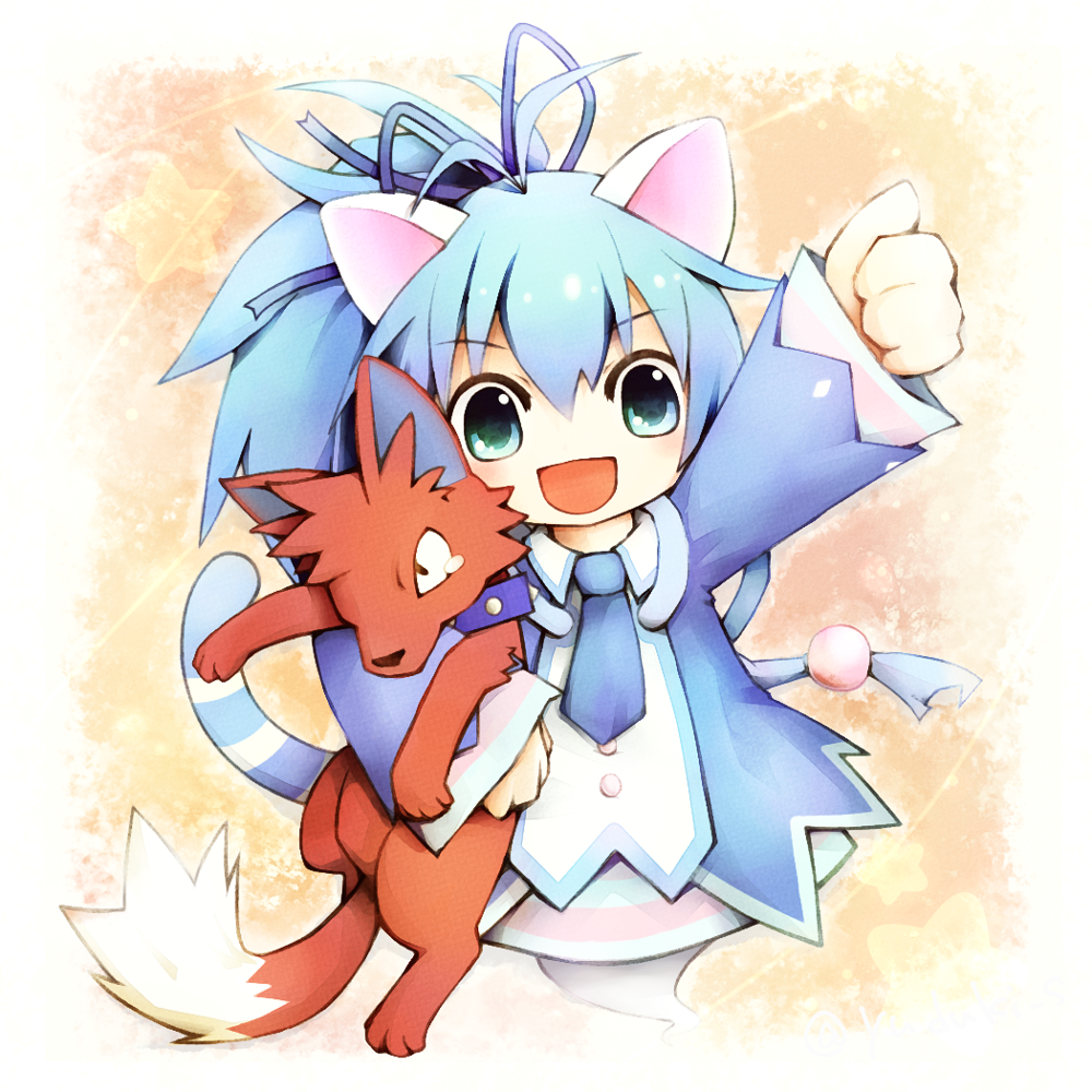 1girl, animal_ears, arm_up, blue_eyes, blue_hair, blue_jacket, blue_necktie, blue_ribbon, blush, ca-elum, cat_ears, cat_girl, emil_chronicle_online, holding, jacket, long_sleeves, necktie, nekomata_ai, no_nose, open_mouth, ponytail, ribbon