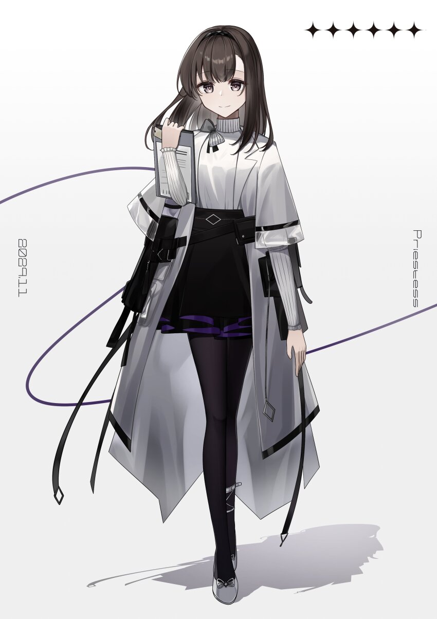 1girl, absurdres, arknights, black_pantyhose, black_skirt, brown_eyes, brown_hair, character_name