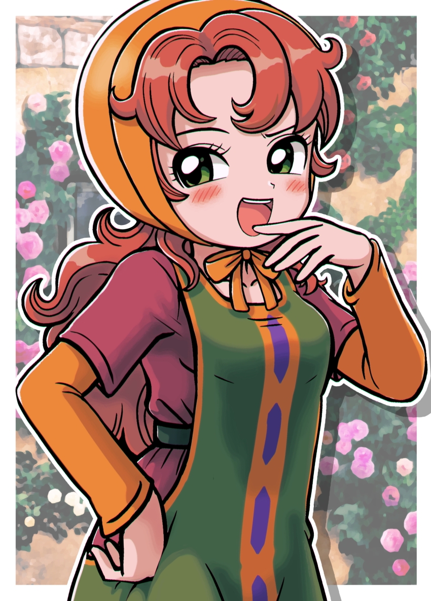 1girl, absurdres, bonnet, border, commentary_request, curly_hair, dragon_quest, dragon_quest_vii