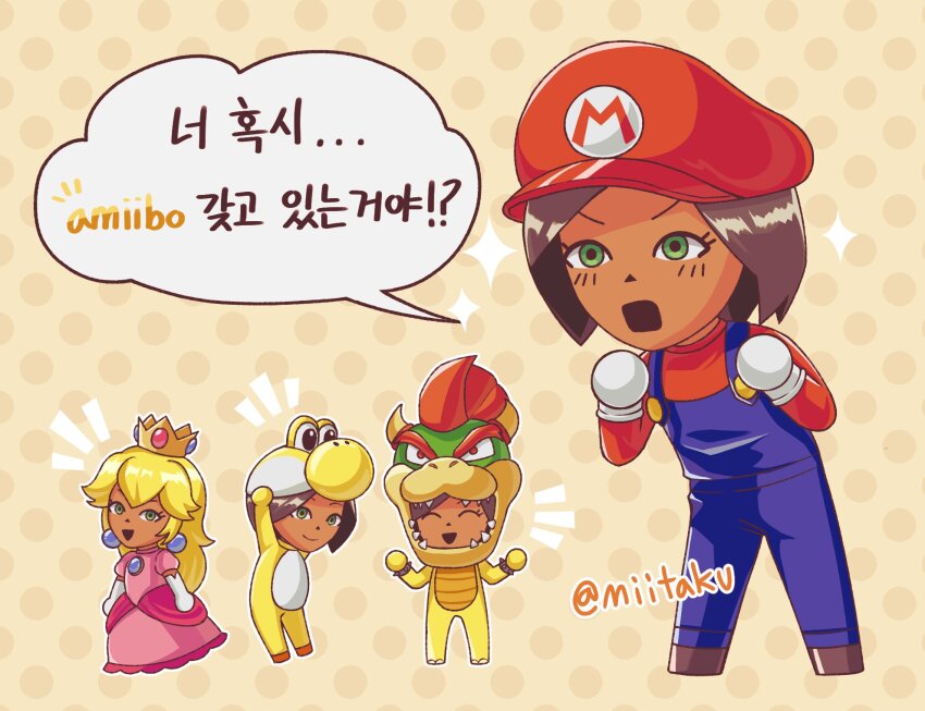 1girl, amiibo, blonde_hair, blue_eyes, bowser, bowser_(cosplay), brown_hair, chibi