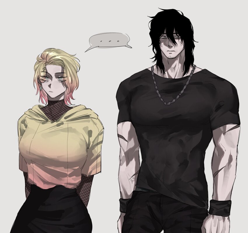 ..., 1boy, 1girl, bagsohbang0625, black_eyeliner, black_hair, blonde_hair, breasts