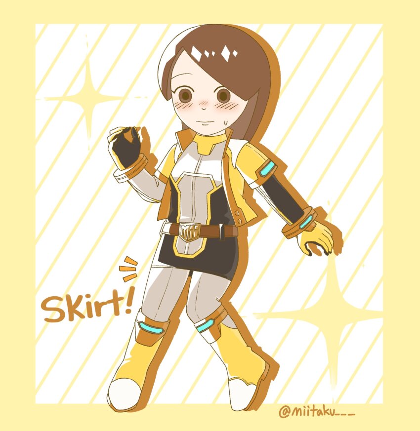 1girl, alternate_costume, animification, belt, blush, boots, breasts, brown_eyes