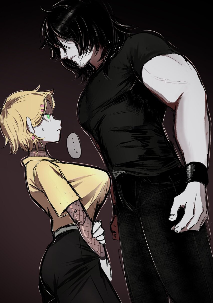 ..., 1boy, 1girl, aged_up, anji_(ozdo_cccv), black_hair, blonde_hair, earrings