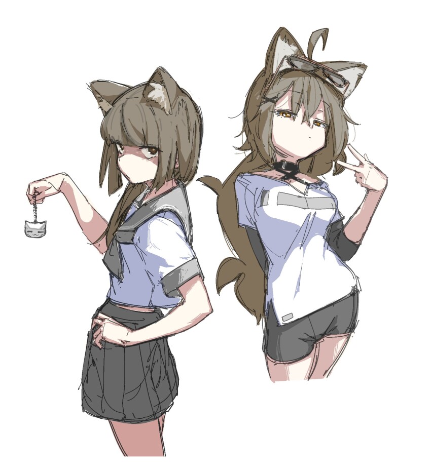 2girls, ahoge, animal_collar, animal_ear_fluff, animal_ears, arm_behind_back, arm_on_thigh, arm_up