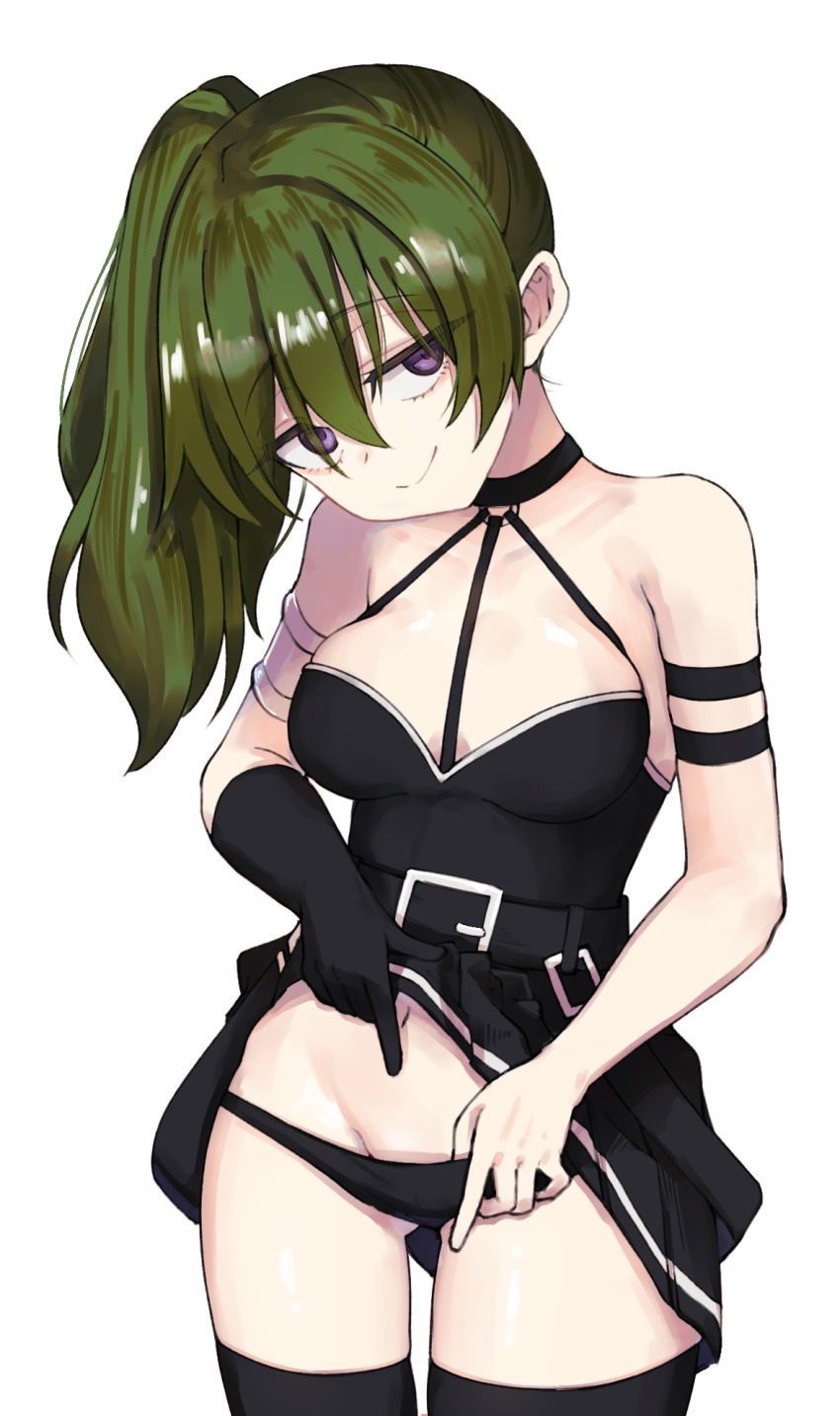 1girl, arm_strap, bare_shoulders, belt, black_belt, black_choker, black_dress, black_gloves